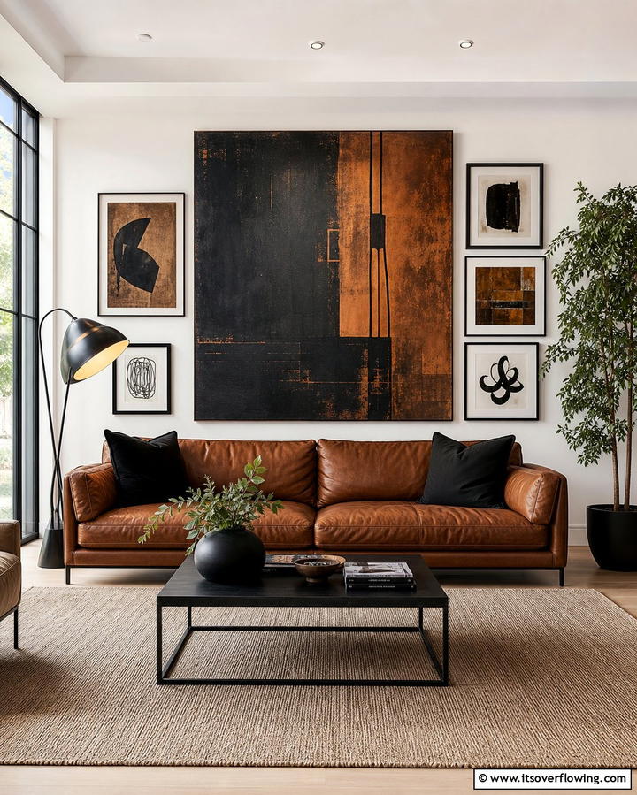 Black and Brown Abstract Artwork for Visual Interest - 25 Chic Black and Brown Living Room Ideas for Modern Homes