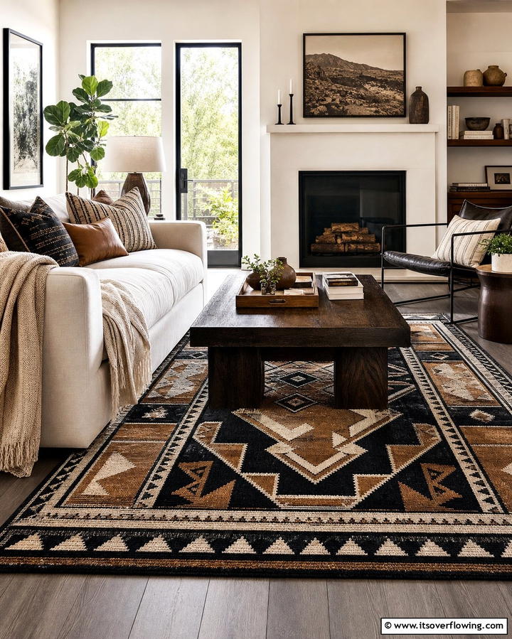 Black and Brown Area Rugs for Textural Warmth - 25 Chic Black and Brown Living Room Ideas for Modern Homes