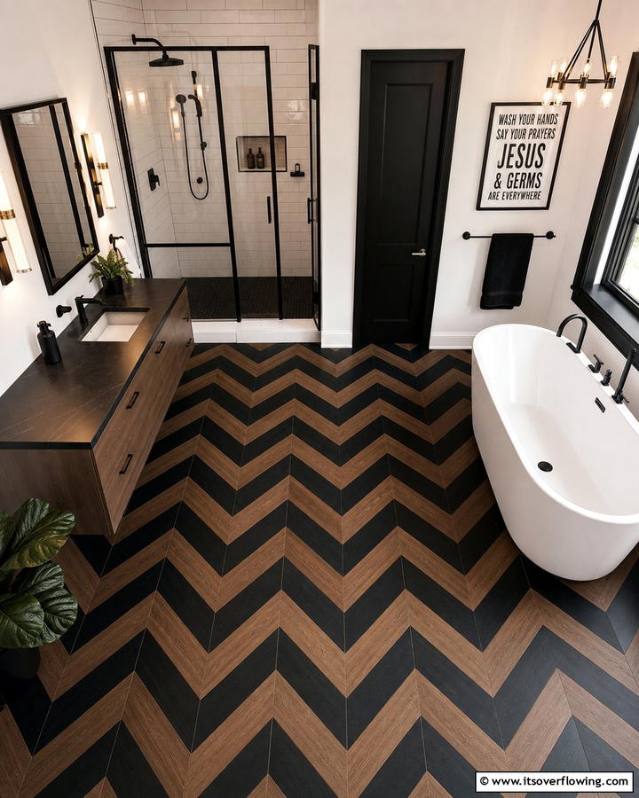 Black and Brown Chevron Flooring - 20 Modern Brown and Black Bathroom Ideas for a Bold Design
