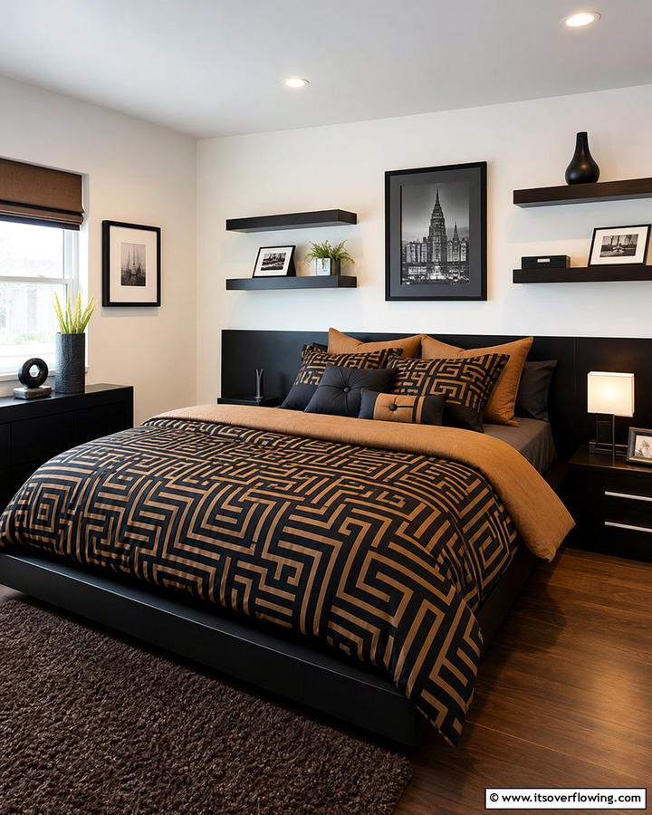 Black and Brown Geometric Bedding - 20 Black and Brown Bedroom Ideas for a Cozy Retreat