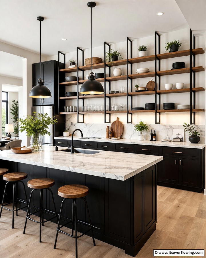 Black and Brown Open Shelving - 25 Black and Brown Kitchen Ideas for a Bold Look