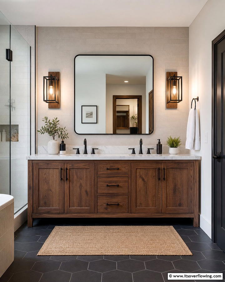 Black and Brown Vanity Lighting - 20 Modern Brown and Black Bathroom Ideas for a Bold Design