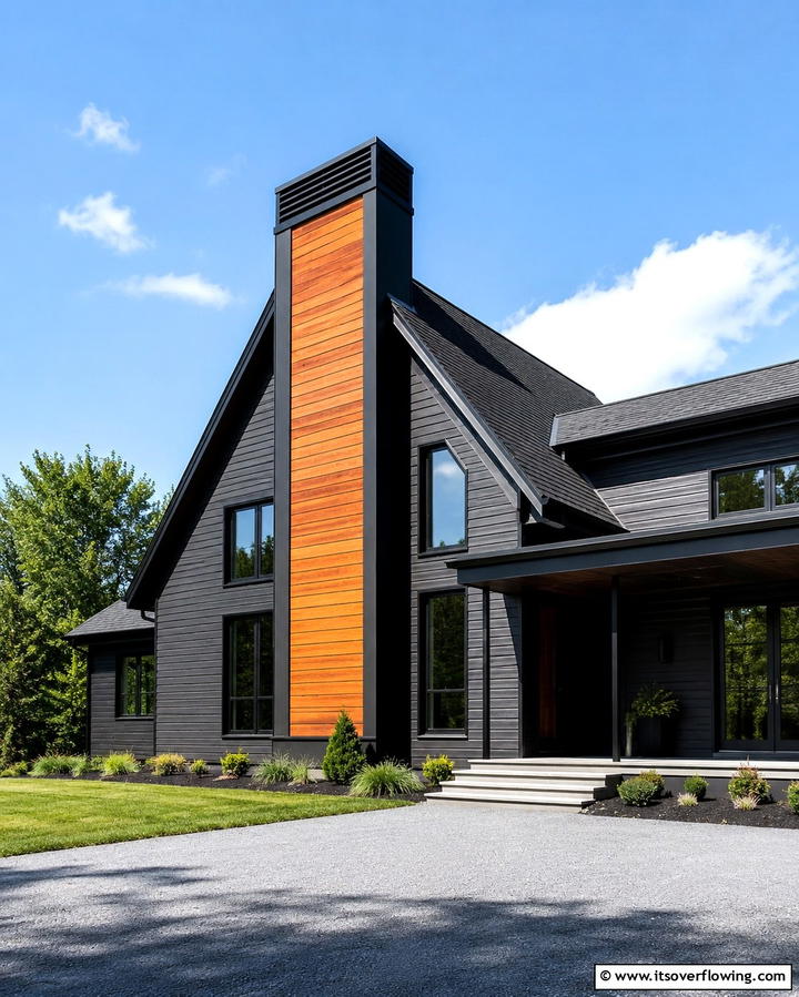 Black and Cedar Chimney Design - 30 Modern Black Houses with Cedar Accents for Striker Exteriors