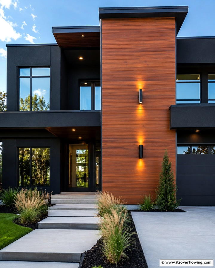 Black and Cedar Garage Doors for a Bold Statement - 30 Modern Black Houses with Cedar Accents for Striker Exteriors