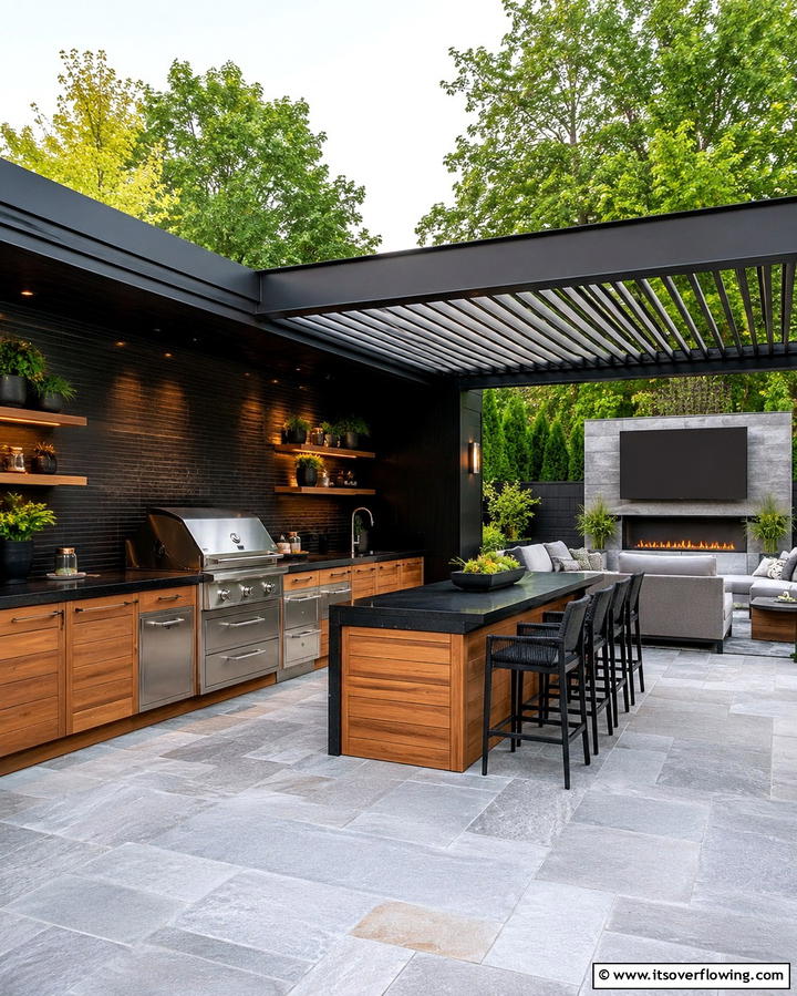 Black and Cedar Outdoor Kitchen - 30 Modern Black Houses with Cedar Accents for Striker Exteriors