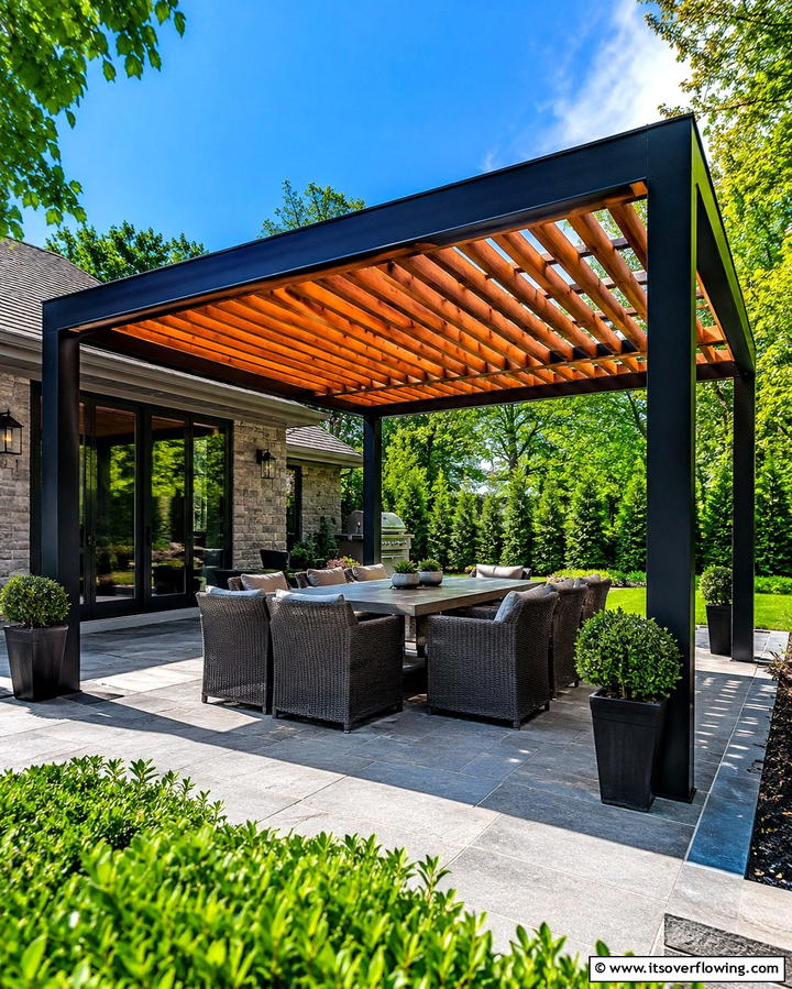 Black and Cedar Pergola for Outdoor Charm - 30 Modern Black Houses with Cedar Accents for Striker Exteriors
