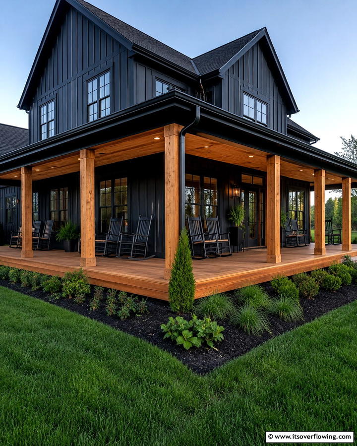 Black and Cedar Wrap Around Porch - 30 Modern Black Houses with Cedar Accents for Striker Exteriors