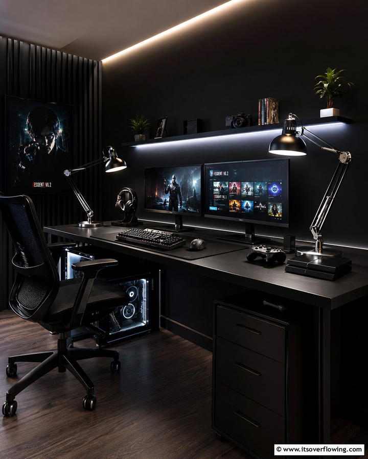 Black and Chrome Desk Lamps - 25 Sleek Black Gaming Room Ideas for Gamers