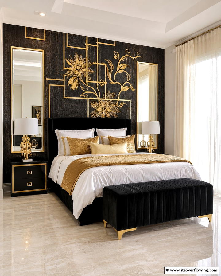 Black and Gold Accent Wall - 25 Stunning Black and Gold Bedroom Design Ideas
