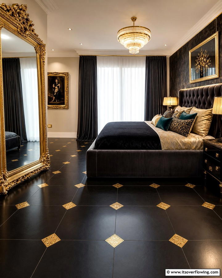 Black and Gold Accented Floors for Glamour - 25 Black Floor Bedroom Ideas for a Bold and Modern Look