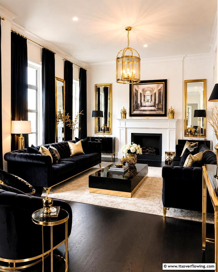 Black and Gold Accents - 30 Bold Black Living Room Designs for Dramatic Modern Spaces
