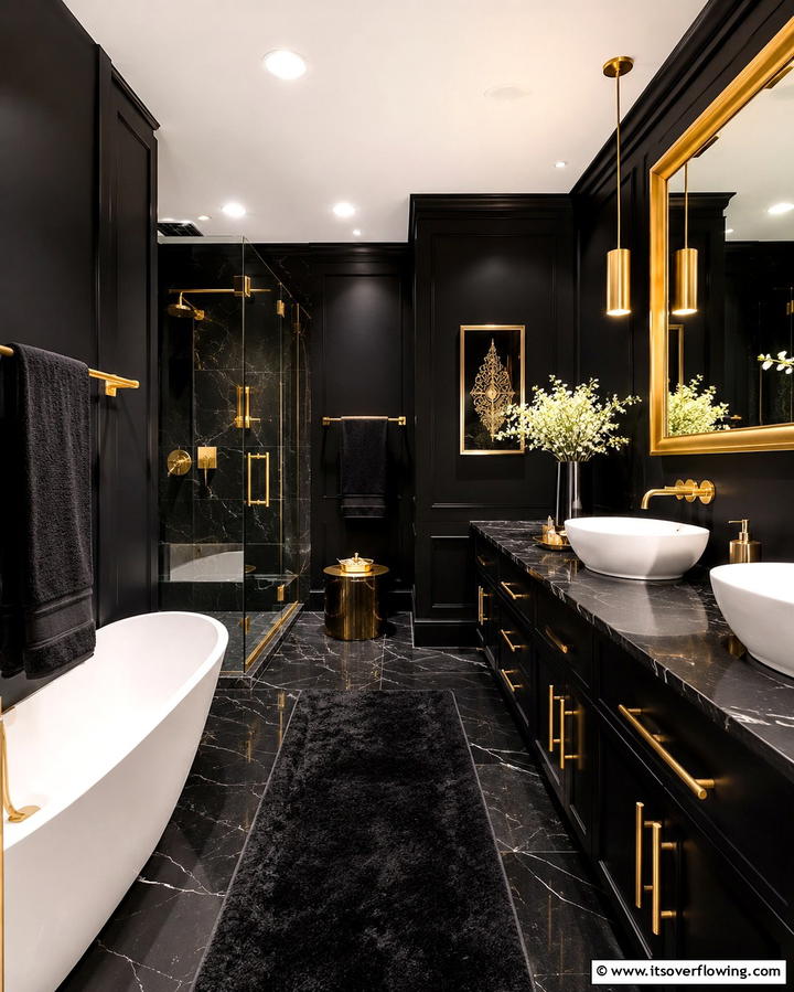 Black and Gold Accents for Luxury - 25 Black Bathroom Ideas to Elevate Your Space