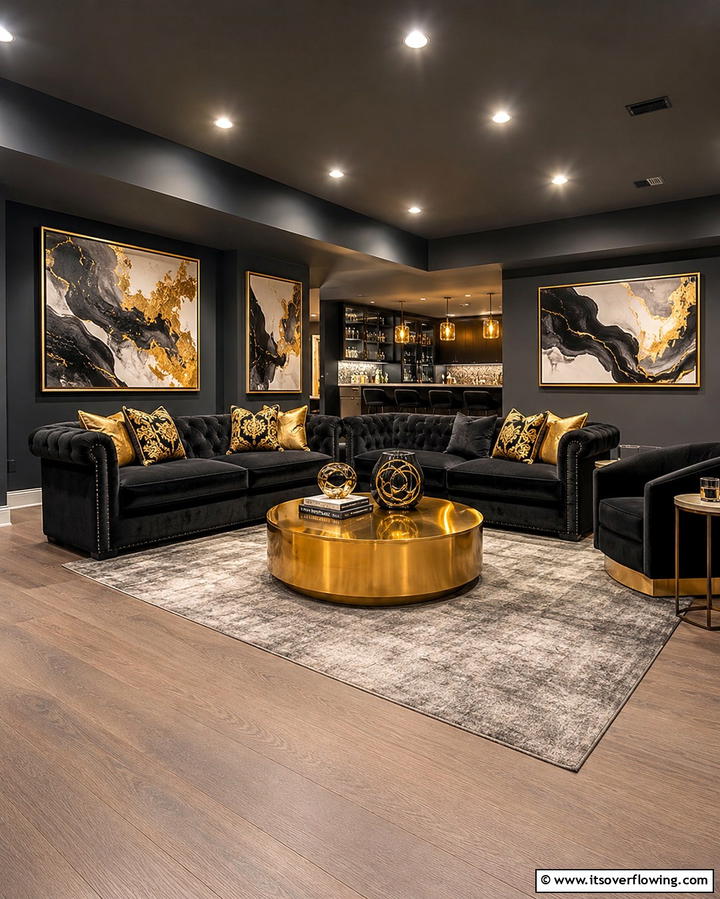 Black and Gold AccentsExact - 30 Black Basement Design Ideas for a Modern & Cozy Space