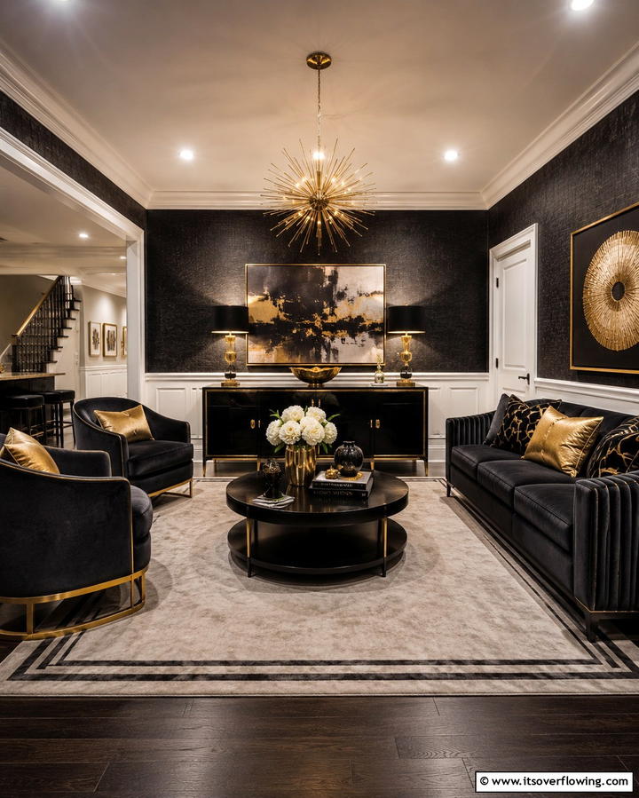 Black and Gold AccentsOne - 30 Black Basement Design Ideas for a Modern & Cozy Space