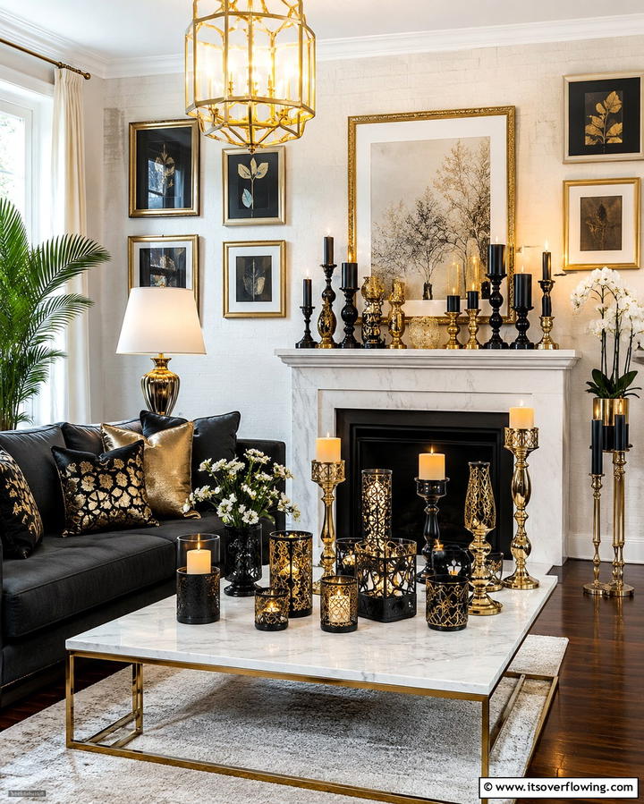 Black and Gold Candle Holders - 25 Black and Gold Living Room Ideas for a Luxurious Feel