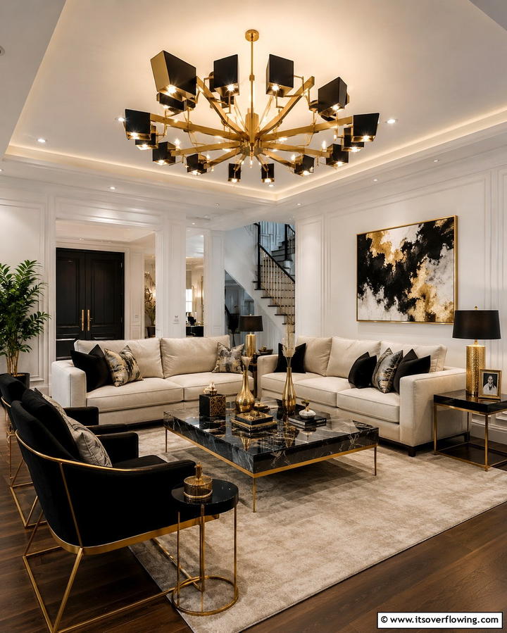 Black and Gold Ceiling Fixtures - 25 Black and Gold Living Room Ideas for a Luxurious Feel