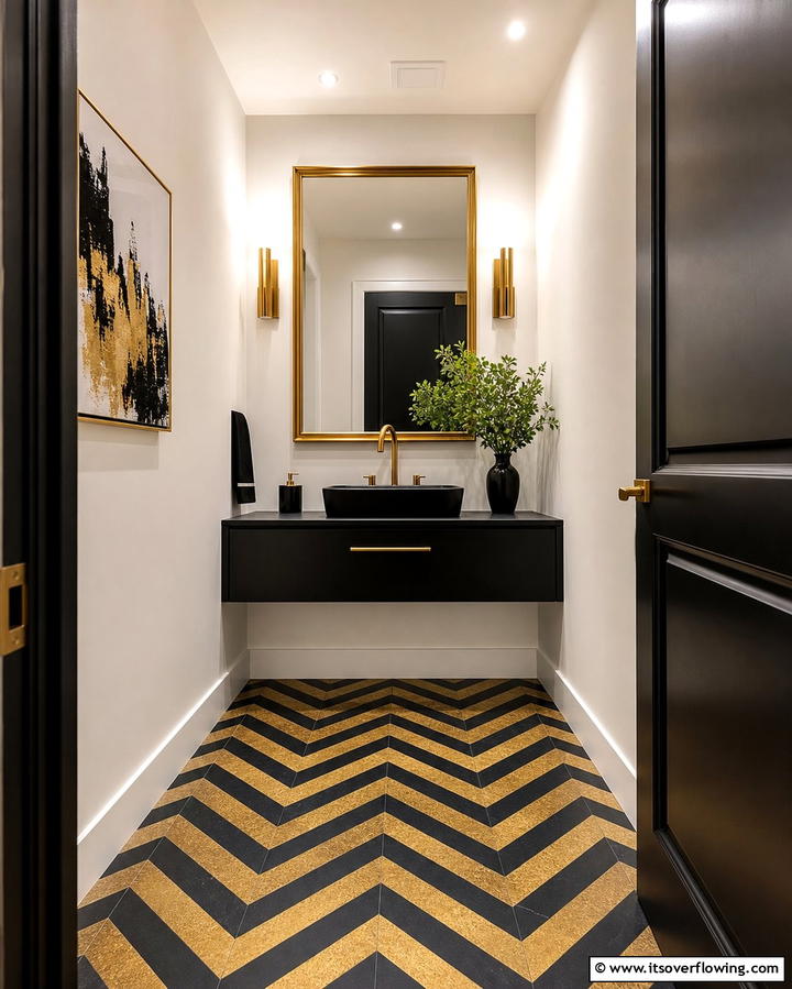 Black and Gold Chevron Patterns - 25 Luxurious Black and Gold Powder Room Ideas for Elegance