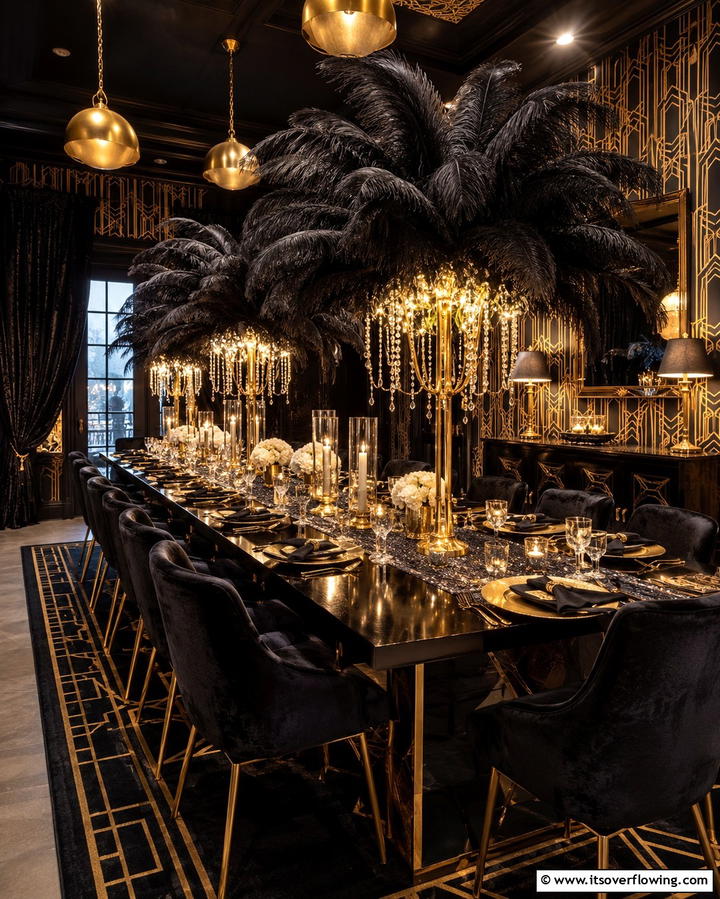 Black and Gold Feather Displays - 25 Stunning Black and Gold Centerpiece Ideas for Your Home