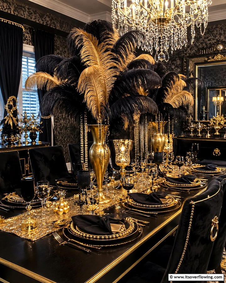 Black and Gold Feathers Display - 25 Stunning Black and Gold Centerpiece Ideas for Your Home