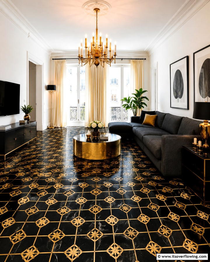 Black and Gold Floor Tiles - 25 Black and Gold Living Room Ideas for a Luxurious Feel