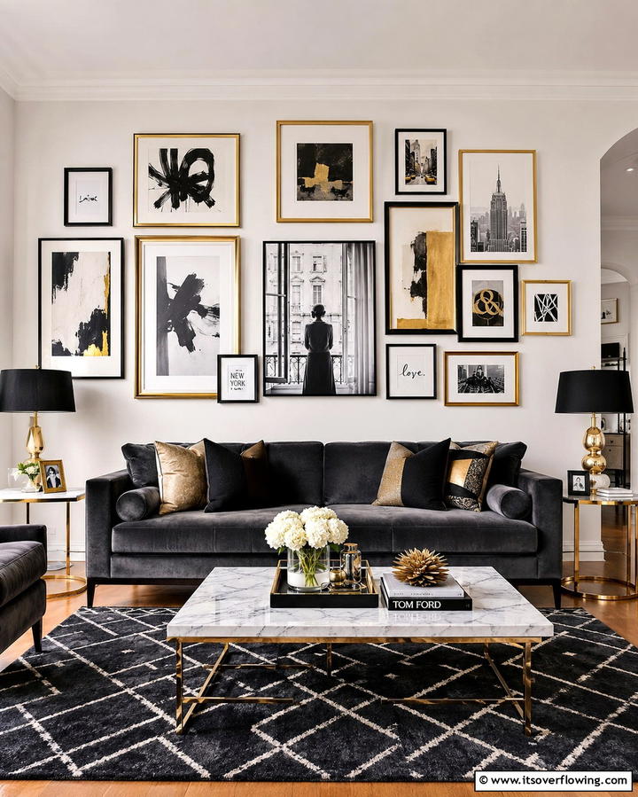 Black and Gold Gallery Wall - 25 Black and Gold Living Room Ideas for a Luxurious Feel