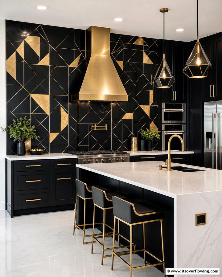 Black and Gold Geometric Backsplash - 25 Black and Gold Kitchen Ideas for a Luxurious Look