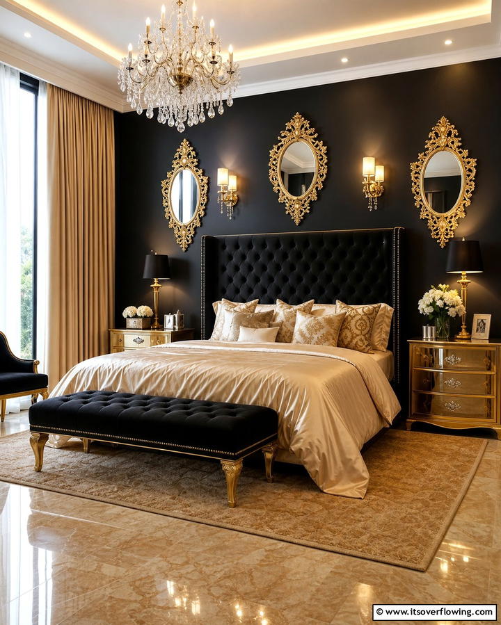 Black and Gold Glam - 25 Black Accent Wall Bedroom Ideas for Drama