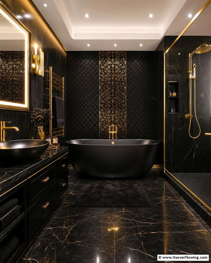Black and Gold Glamour - 25 Stylish Black Tile Bathroom Ideas