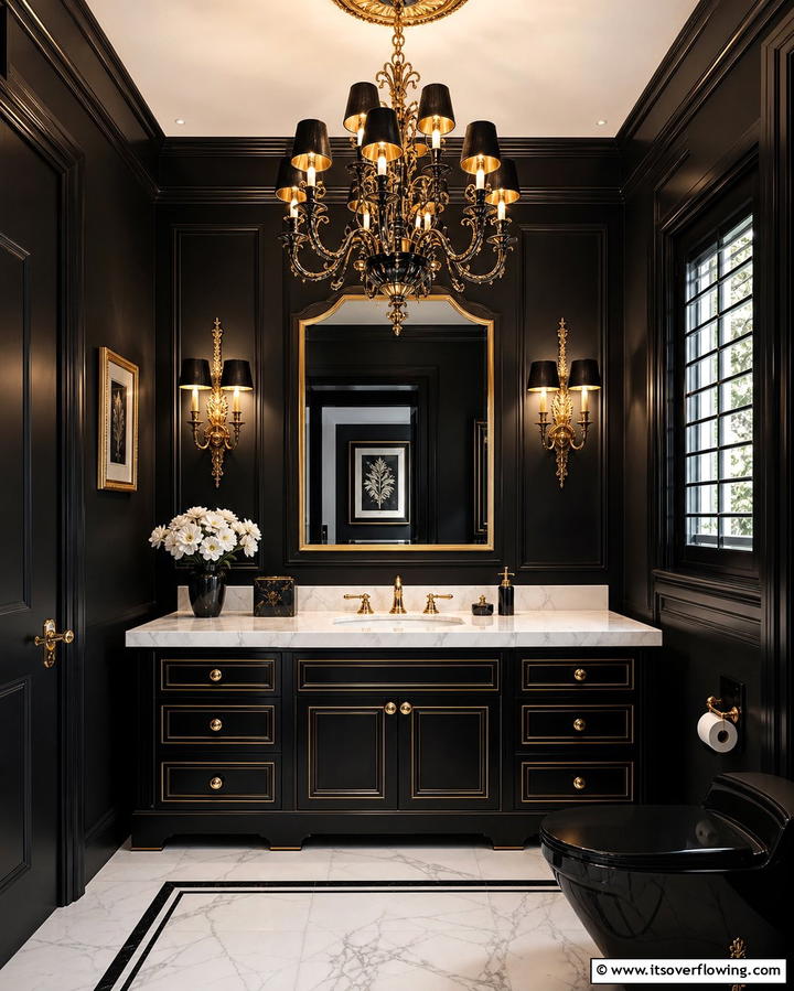 Black and Gold Lighting Fixtures - 25 Elegant Black Powder Room Ideas for a Bold Look