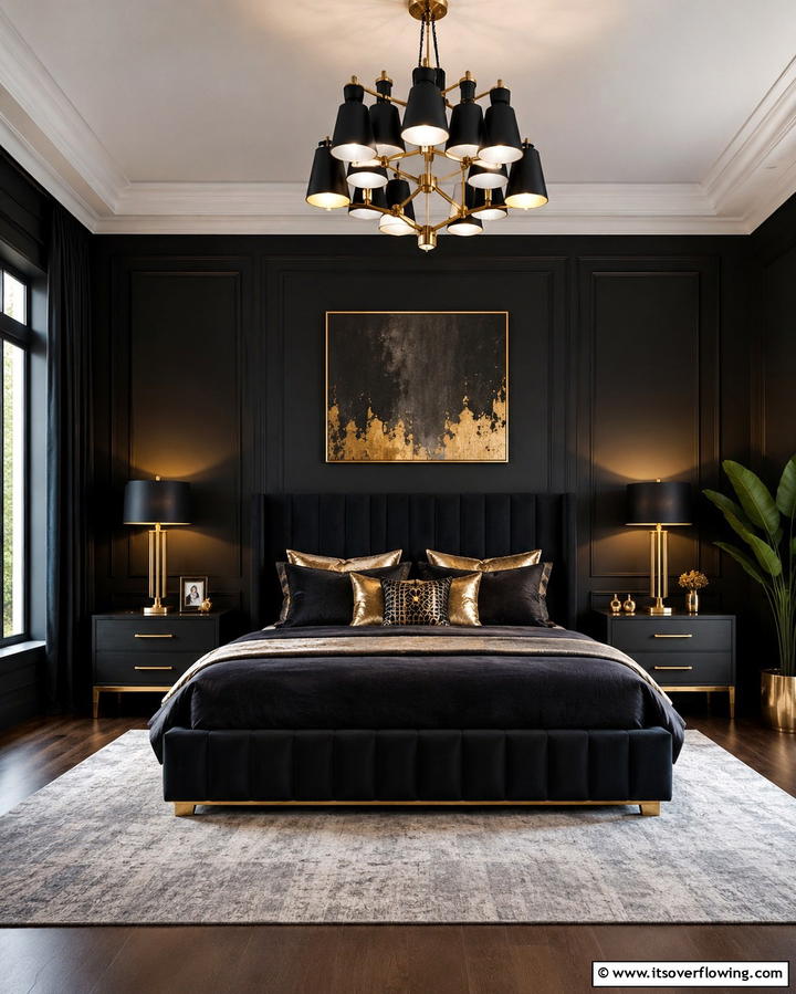 Black and Gold Lighting Fixtures - 25 Matte Black Bedroom Ideas for a Sleek and Modern Look