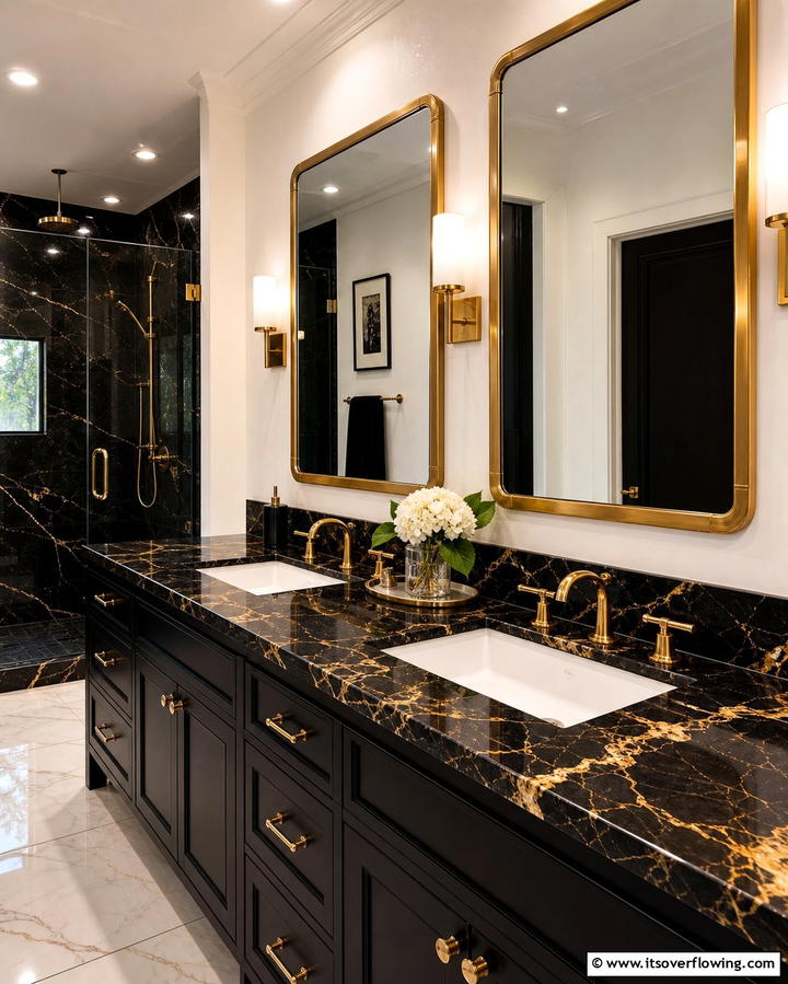 Black and Gold Marble Countertops - 25 Black and Gold Bathroom Ideas for a Glamorous Space