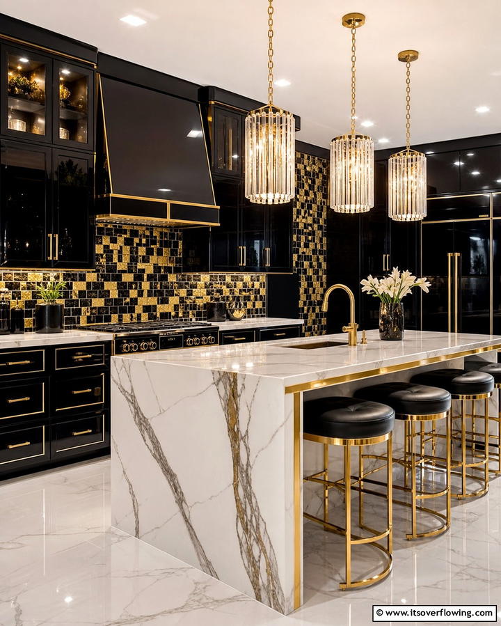 Black and Gold Mosaic Backsplash - 25 Kitchen With Black Backsplash Ideas for Drama