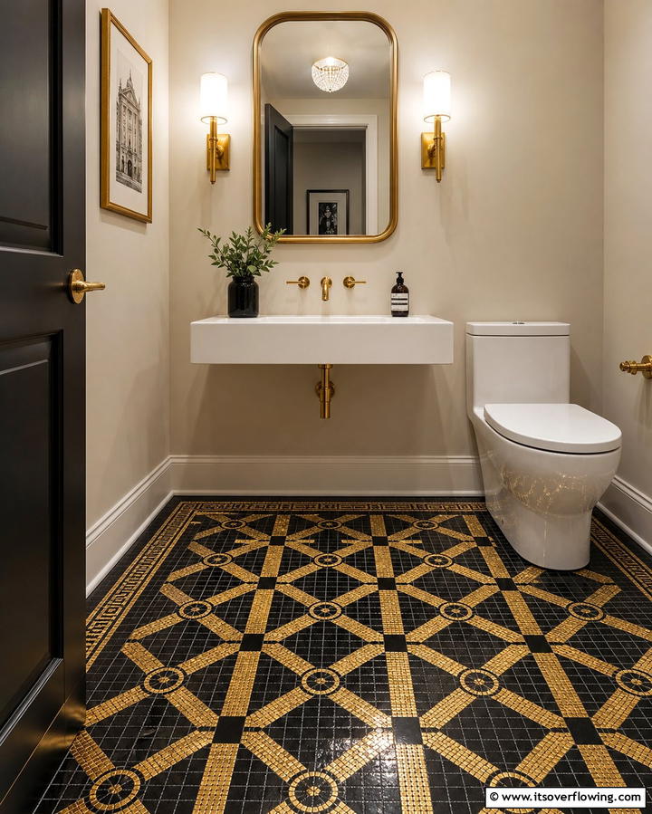 Black and Gold Mosaic Flooring - 25 Luxurious Black and Gold Powder Room Ideas for Elegance