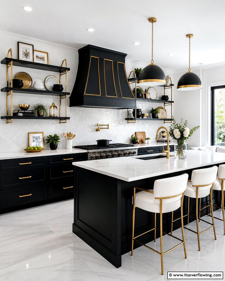 Black and Gold Open Shelving for Display and Storage - 25 Black and Gold Kitchen Ideas for a Luxurious Look