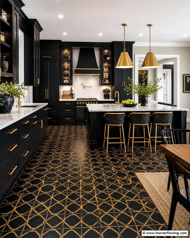 Black and Gold Patterned Floor Tiles - 25 Black and Gold Kitchen Ideas for a Luxurious Look