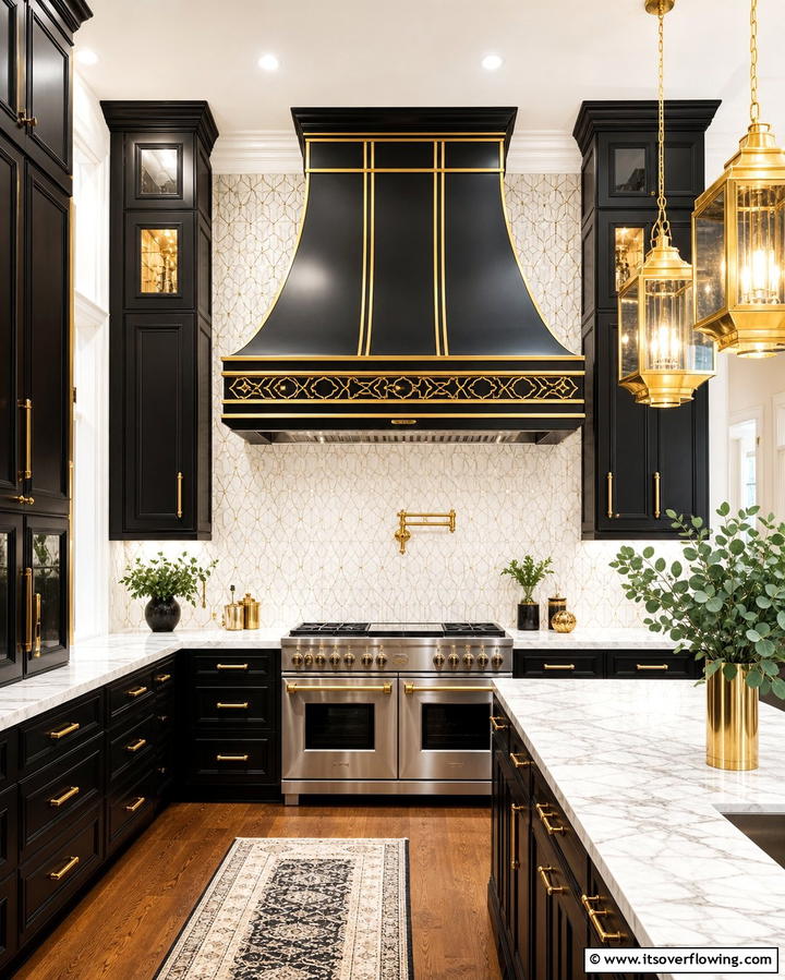Black and Gold Range Hood for a Focal Point - 25 Black and Gold Kitchen Ideas for a Luxurious Look