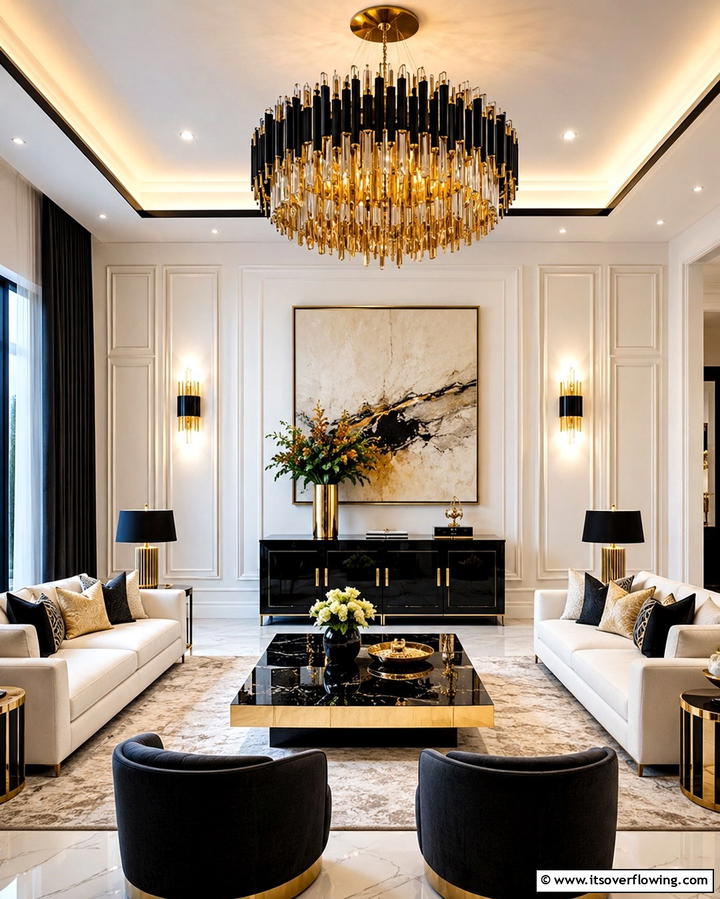 Black and Gold Statement Lighting - 25 Black and Gold Living Room Ideas for a Luxurious Feel
