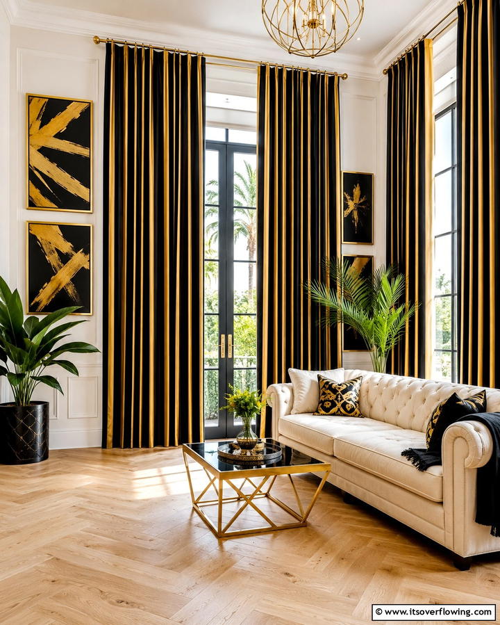 Black and Gold Striped Curtains - 25 Black and Gold Living Room Ideas for a Luxurious Feel
