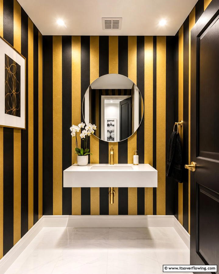 Black and Gold Striped Walls - 25 Luxurious Black and Gold Powder Room Ideas for Elegance