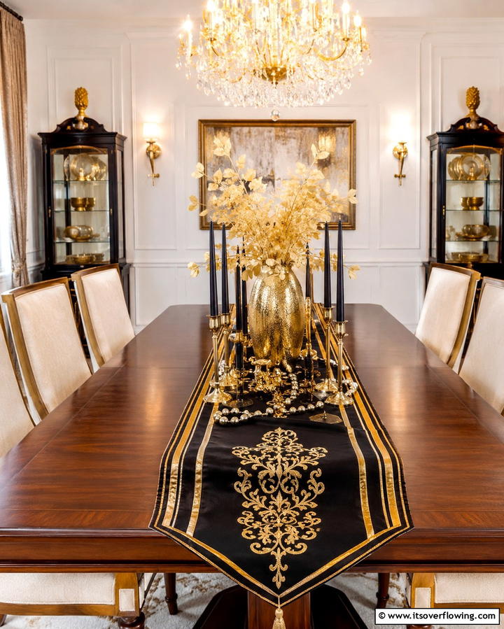 Black and Gold Table Runners with Accents - 25 Stunning Black and Gold Centerpiece Ideas for Your Home