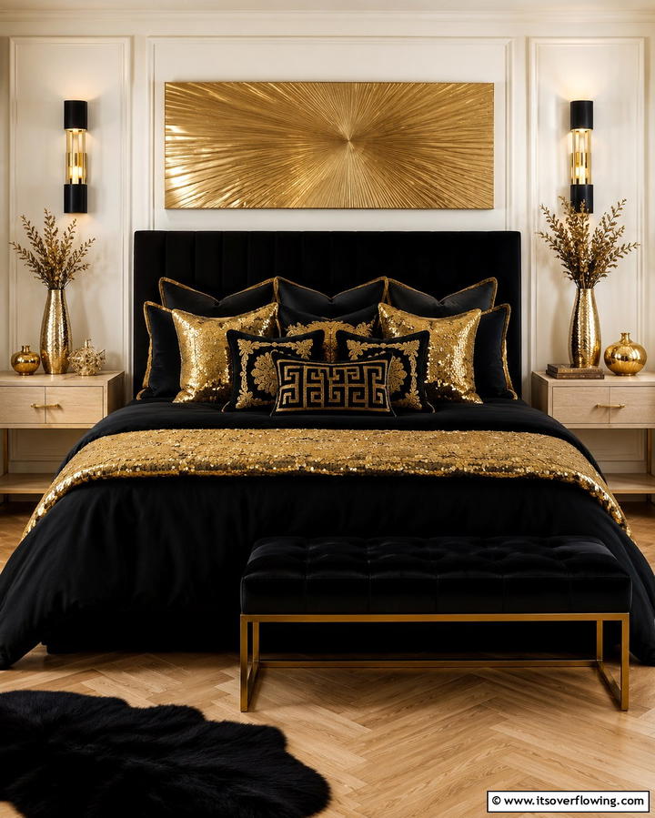 Black and Gold Throw Pillows - 25 Stunning Black and Gold Bedroom Design Ideas