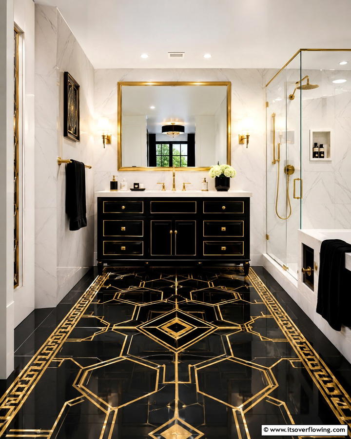 Black and Gold Tile Accents - 25 Black Floor Bathroom Ideas for a Bold Look