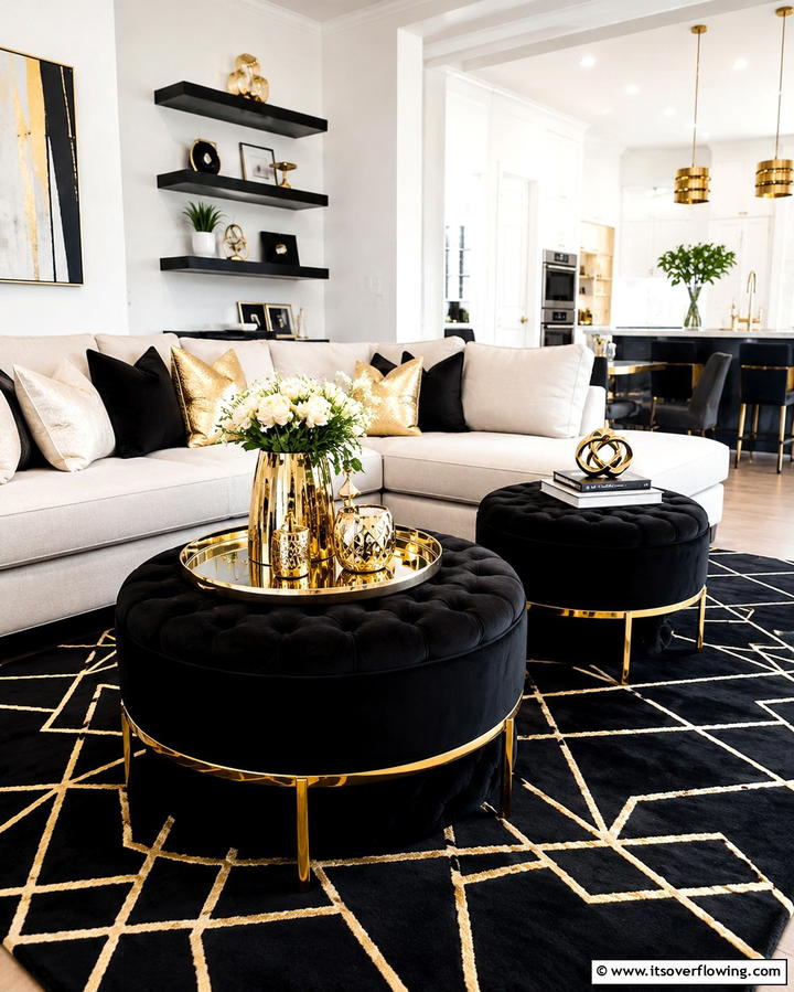 Black and Gold Upholstered Ottomans - 25 Black and Gold Living Room Ideas for a Luxurious Feel