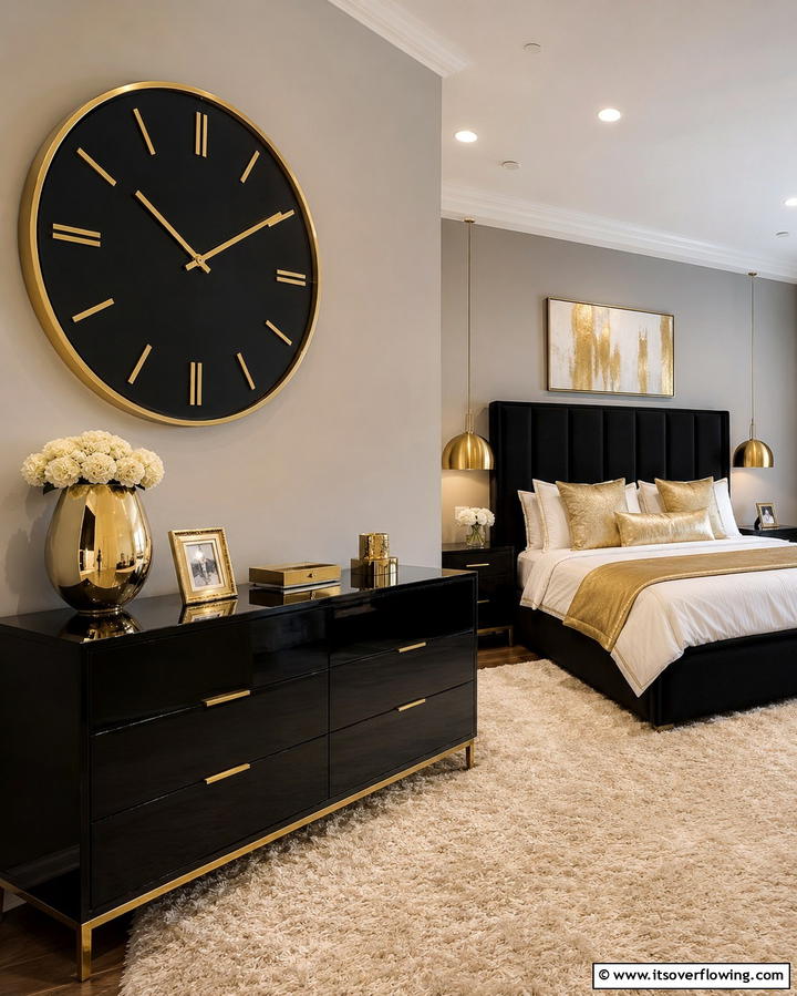 Black and Gold Wall Clock - 25 Stunning Black and Gold Bedroom Design Ideas