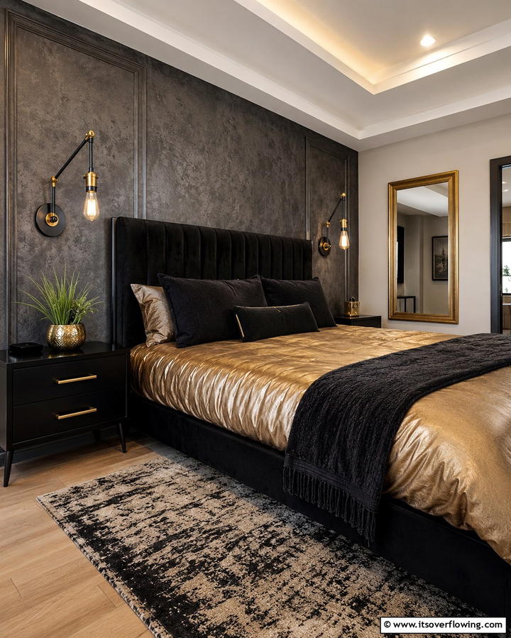 Black and Gold Wall Sconces - 25 Stunning Black and Gold Bedroom Design Ideas