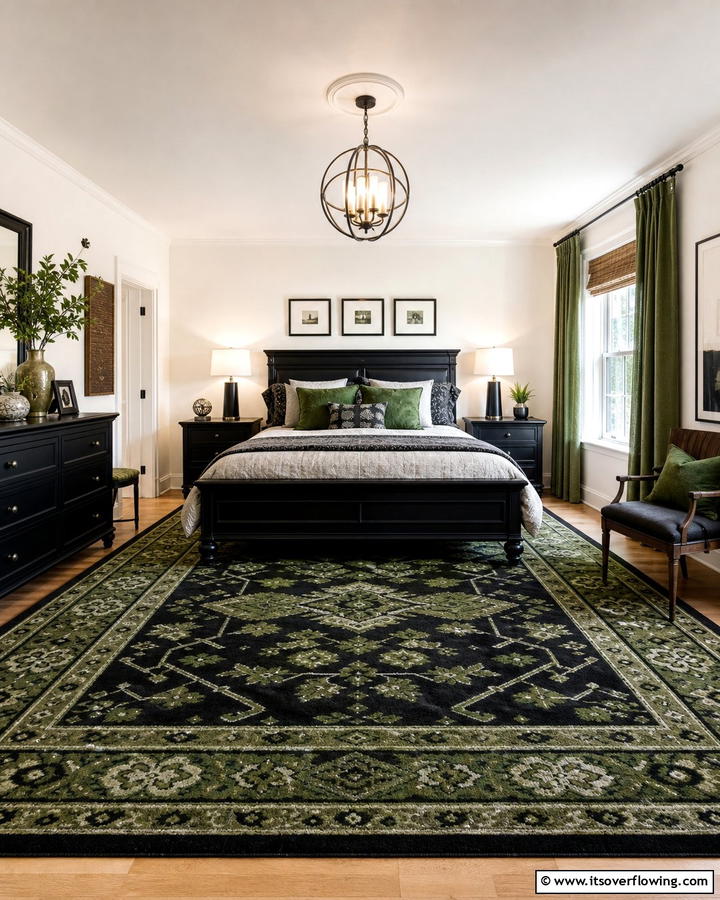 Black and Green Area Rug for Cohesion - 20 Black and Green Bedroom Design Ideas for a Bold Look