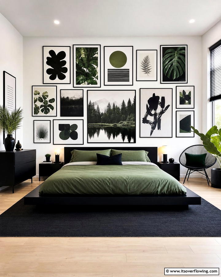Black and Green Gallery Wall for Personality - 20 Black and Green Bedroom Design Ideas for a Bold Look