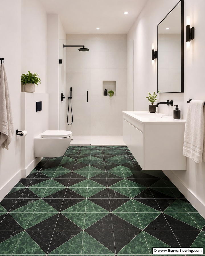 Black and Green Geometric Floor Tiles - 25 Black and Green Bathroom Ideas for Bold Style