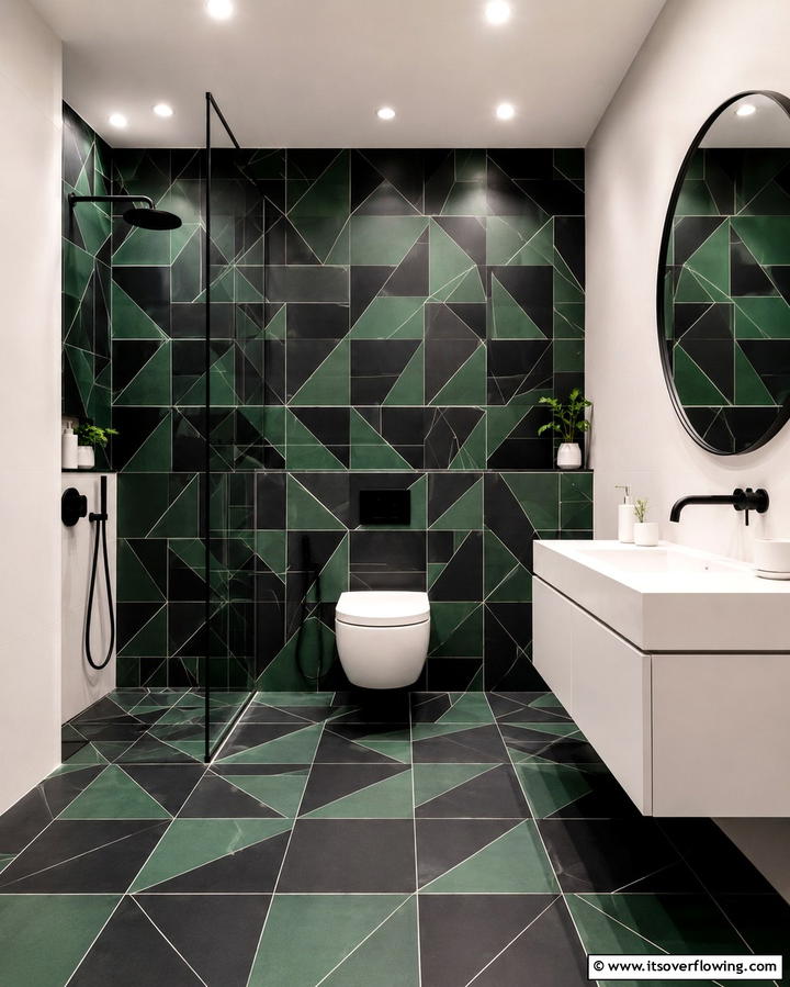 Black and Green Geometric Patterns - 25 Black and Green Bathroom Ideas for Bold Style