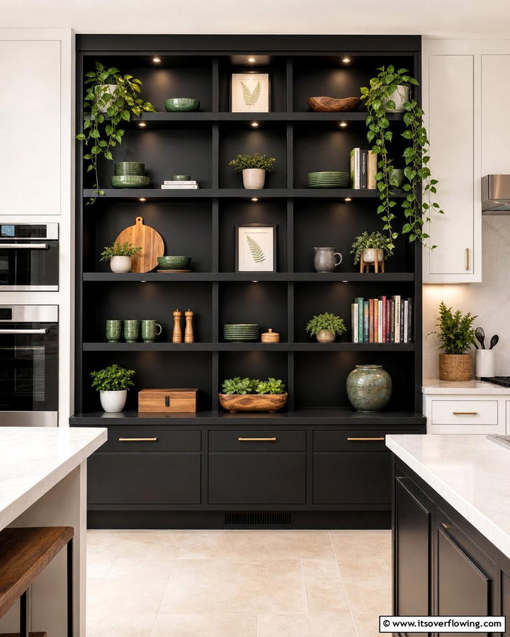 Black and Green Open Shelving - 25 Black and Green Kitchen Ideas for Bold Design